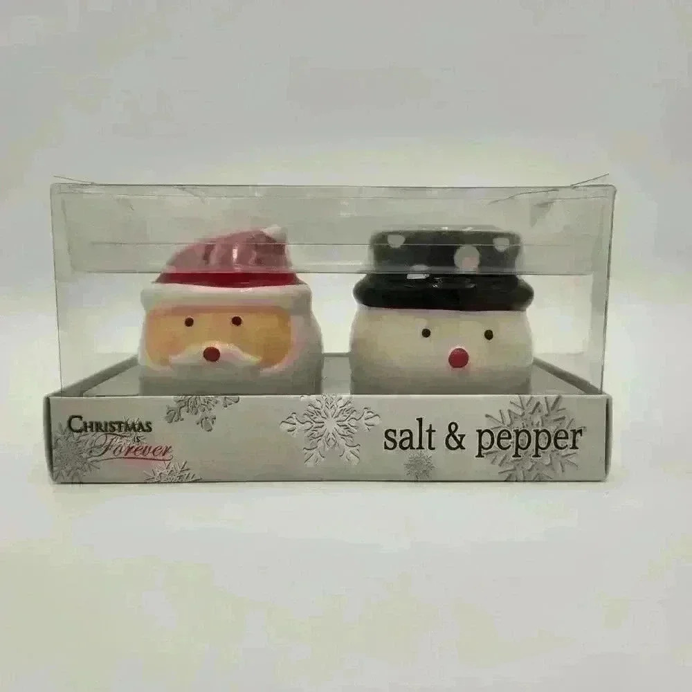 New In Box Cute Christmas Is Forever 3-D Santa & Snowman Salt & Pepper Shakers‎